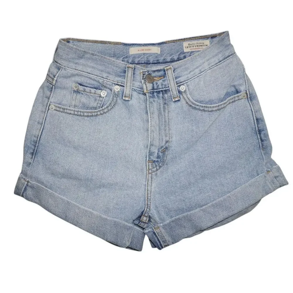 Levi's Premium A-Line Denim Shorts Light Wash Cuffed High Rise Women's W24